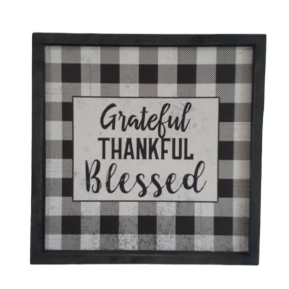 Farmhouse Wooden Black White Buffalo Check Grateful Thankful Blessed Wall Decor